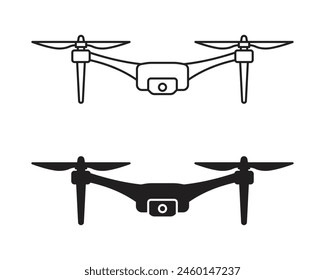Cuadricóptero no tripulado, dron con cámara, logotipo, icono, aislado sobre fondo blanco.