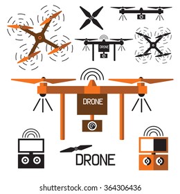 Unmanned quadrocopter with camera, drone, top and front view, control unit with digital screen, propeller, vector set isolated on white background