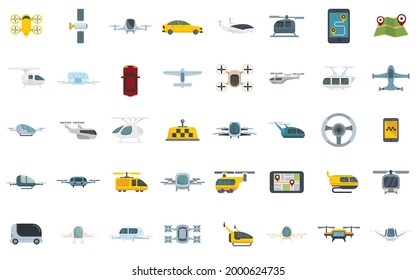 Unmanned taxi icons set. Flat set of unmanned taxi vector icons isolated on white background