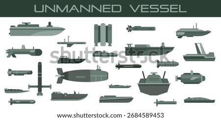 Unmanned vessel vector set with autonomous submarines, surface ships, torpedoes and naval drones for modern warfare, surveillance and defense design