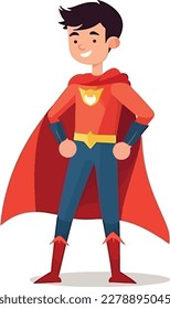 Unmasked super hero boy with a red cape vector illustration