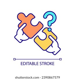 Unmatched puzzle pieces RGB color icon. Seeking solution for problems. Communication problems. Wrong answers. Isolated vector illustration. Simple filled line drawing. Editable stroke