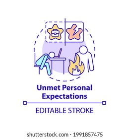 Unmet personal expectations concept icon. New worker emotional burden factors. Depression idea thin line illustration. Emotional burnout. Vector isolated outline RGB color drawing. Editable stroke