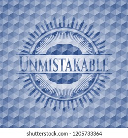 Unmistakable blue badge with geometric pattern.