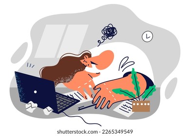 Unmotivated woman freelancer laying head on table suffering from frustration due to poor management and lack perspective. Unmotivated girl looking at laptop refusing to work after professional burnout