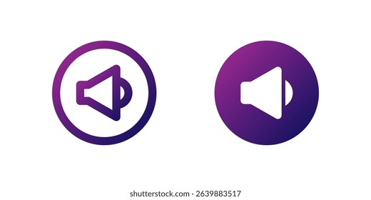 Unmute Speaker Icon Set. A purple gradient icon of a speaker without a slash, indicating unmute or sound-on functions in media players.