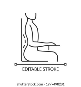 Unnatural sitting position linear icon. Increased lumbar lordosis posture. 90-degree angle chair. Thin line customizable illustration. Contour symbol. Vector isolated outline drawing. Editable stroke