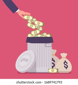 Unnecessary wastes of money, risky economy investment. Dollar cash thrown in dustbin, trash can budget, lost of profit, financial market error and ignorance. Vector flat style cartoon illustration