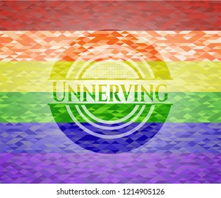 Unnerving emblem on mosaic background with the colors of the LGBT flag