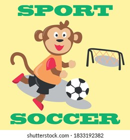 unny cartoon monkey playing football on vintage green background illustration vector, for t-shirt print.