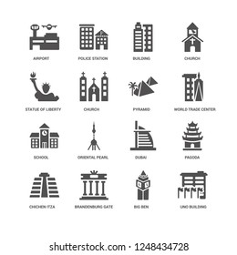 UNO Building, Church, Airport, Police Station, Pagoda, Dubai, Oriental pearl tower, Big ben icon 16 set EPS 10 vector format. Icons optimized for both large and small resolutions.