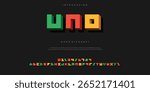 UNO Vector advertising banner Classic Cuisine. Modern 3D Font. Bright Alphabet Letters and Numbers set.
