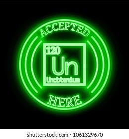 Unobtanium (UNO) green  neon cryptocurrency symbol in round frame with text "Accepted here". Vector illustration isolated on black background