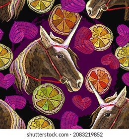 Unocorn, lemon slice and red heart, seamless pattern. Embroidery. Magic horse. Fairy tale art. Fashion template for clothes, t-shirt design 