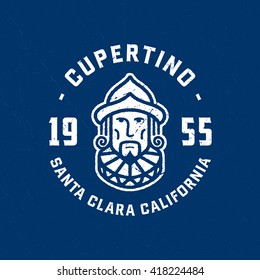 Unofficial seal of Cupertino. Vintage  Hand Crafted T shirt Apparel Fashion Print Design. Original Wall Decor Art Poster. Travel Gift Idea. Vector Illustration. Removable Grunge Texture.