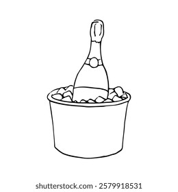 unopened bottle of champagne stands in a bucket with ice - hand drawn line art