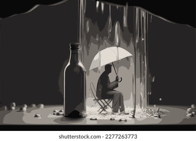 Unopened bottle and person staying dry under an umbrella, alcohol problem concept, with lot of negative space,. Banner for Alcohol Awareness Month or dry january