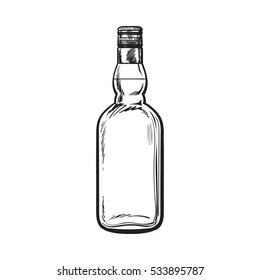 Unopened, unlabeled full whiskey bottle, sketch style vector illustration isolated on white background. black and white hand drawing of an unlabeled, unopened whiskey, rum, brandy bottle