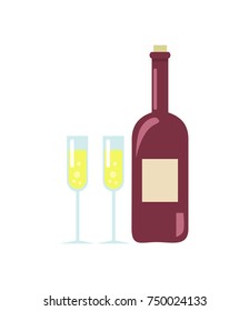 Unopened wine with label and two glasses with poured alcoholic drinks in them, represented on vector illustration isolated on white
