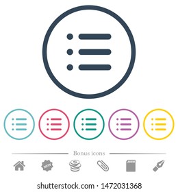 Unordered list flat color icons in round outlines. 6 bonus icons included.