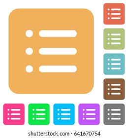 Unordered list flat icons on rounded square vivid color backgrounds.