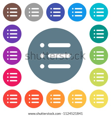 Unordered list flat white icons on round color backgrounds. 17 background color variations are included.