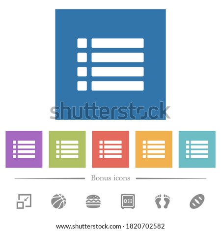 Unordered list flat white icons in square backgrounds. 6 bonus icons included.