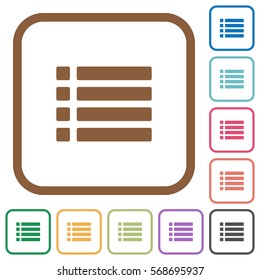 Unordered list simple icons in color rounded square frames on white background