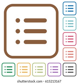 Unordered list simple icons in color rounded square frames on white background