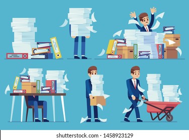 Unorganized office work. Accounting paper documents piles, disarray in files on accountant table. Routine paperwork vector business desk printing messy sheets lots person, overworked concept