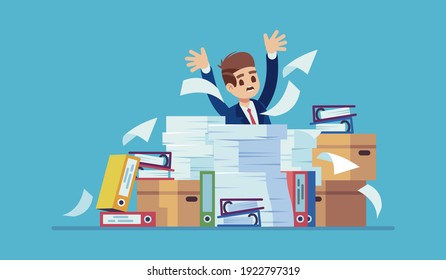 Unorganized office work. Accounting paper documents, folders and boxes piles, man sitting at table with heaps of paper sheets, ineffective workflow, unfinished job, time management vector flat concept