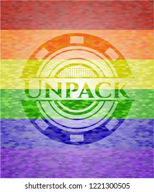 Unpack emblem on mosaic background with the colors of the LGBT flag