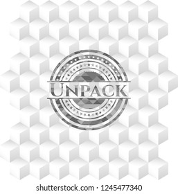 Unpack retro style grey emblem with geometric cube white background