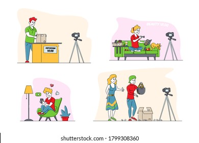 Unpack Vlogging, Mail Delivery and Shipment, Social Media Concept. Vloggers Characters Opening Parcel Boxes Recording Unboxing Video for Internet. Live Streaming. Linear People Vector Illustration
