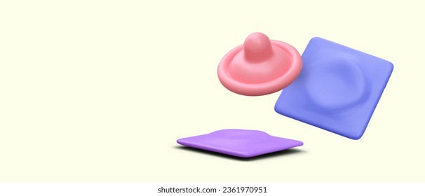Unpacked and packed condom. Personal protection disease prevention, safe sex. Contraceptive, birth control. Color vector composition. Health care. Condom Day