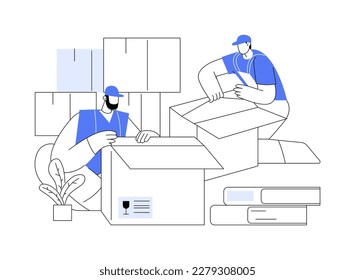 Unpacking belongings abstract concept vector illustration. Full service movers provide unpacking of boxes together, real estate business, couriers delivery services abstract metaphor.