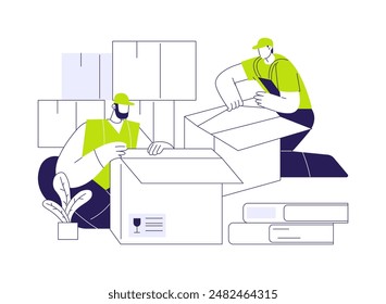 Unpacking belongings abstract concept vector illustration. Full service movers provide unpacking of boxes together, real estate business, couriers delivery services abstract metaphor.