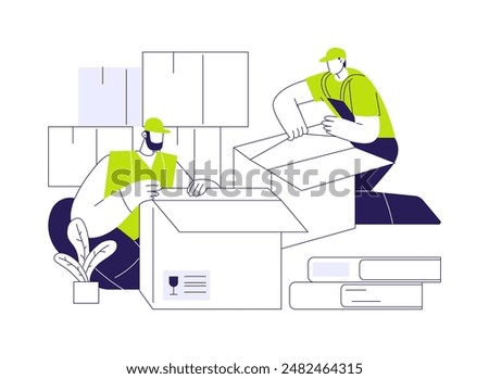Unpacking belongings abstract concept vector illustration. Full service movers provide unpacking of boxes together, real estate business, couriers delivery services abstract metaphor.