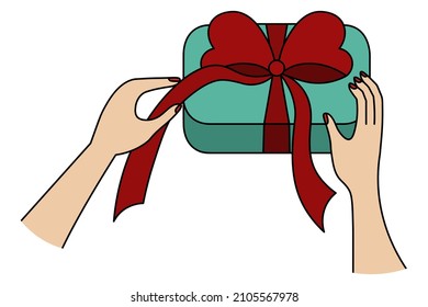 Unpacking the gift. European hands and green gift box. Colored vector illustration. Tie a red bow on a surprise. Isolated background. Pack a gift in a box. Cartoon style. Happy new year 