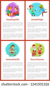 Unpacking gifts, children on winter vacations vector. Merry Christmas, handicraft gifts made by girl. Playing snowball fight, kids having outdoors fun Unpacking gifts, children on winter vacations vector. Merry Christmas, handicraft gifts made by girl. Playing snowball fight, kids having outdoors fun