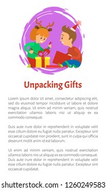 Unpacking gifts vector poster with text sample. Christmas holidays, children opening presents. Girl wearing reindeer horns accessories, packages and bows