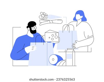 Unpacking grocery bags isolated cartoon vector illustrations. Happy couple unpacking grocery bags after returning from shopping, people lifestyle, buying food and drinks vector cartoon.