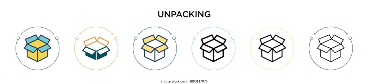 Unpacking icon in filled, thin line, outline and stroke style. Vector illustration of two colored and black unpacking vector icons designs can be used for mobile, ui, web