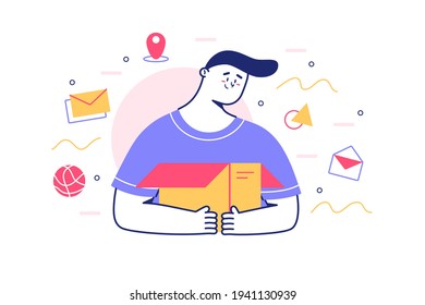 Unpacking paper box vector illustration. Man and open postal delivery flat style. Fast delivery to any location. Delivery service concept. Isolated on white background
