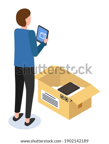 Unpacking parcel with electronic gadgets, man with opened cardbox holding digital tablet in hands standing back, checking productivity of device, guy check postal package, isometric 3d illustration
