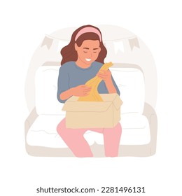 Unpacking parcel isolated cartoon vector illustration. Young happy girl sitting on sofa and unpacking carton box with clothes, opening parcel delivery, receiving online order vector cartoon.