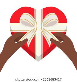 Unpacking red heart shaped gift box with white ribbon bow