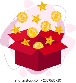 Unpacking a surprise gift box, shiny gold stars and coins fly out of the box. Flat vector illustration.