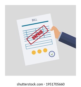 Unpaid, overdue  or past due bill. A businessman's hand holds an expense document with a deferred payment.Debt or past purchase notice. Financial data and red stamp. Vector