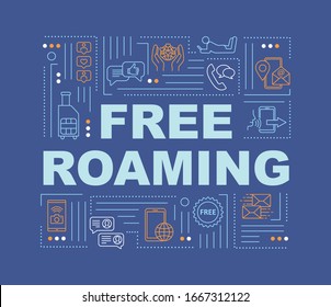 Unpaid roaming word concepts banner. Free wireless telecommunication service. Infographics with linear icons on blue background. Isolated typography. Vector outline RGB color illustration